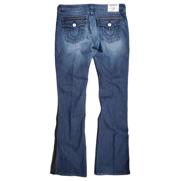 TRUE RELIGION Jeans Womens 31 Blue Leather Accent Flap Pockets Designer Bootcut - Picture 1 of 11